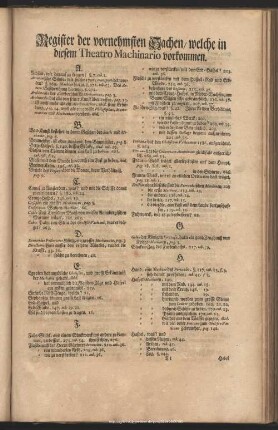 Register der vornehmsten Sachen, welche in diesem Theatro Machinario vorkommen