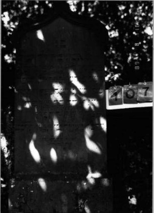 Grabstein 107 (Index: 100086507) Material: Sandstein Zustand: verwittert Maße HxBxT: 167x54x16 cm Beschreibung: Stele, Sockel, Kielbogenabschluß: Grabstein 107