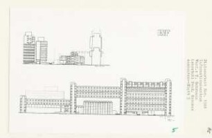 Informationszentrum, Berlin-Charlottenburg (Diplomarbeit bei Bernhard Hermkes): Ansichten von Osten und Norden 1:200