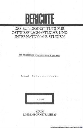 Der sowjetische Staatshaushaltsplan 1970