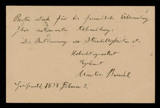 Nr. 2 Postkarte von Martin Brendel an Karl Schwarzschild. Greifswald, 2.2.1898