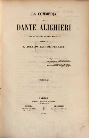 La Commedia di Dante Alighieri con illustrazioni antiche e moderne pubblicata da M. Aurelio Zani de'Ferranti