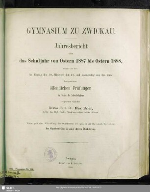 1887/88: Jahresbericht des Gymnasiums zu Zwickau : über das Schuljahr ...