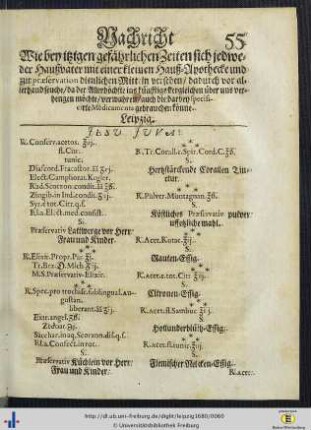 Nachricht Wie bey gefährlichen Zeiten sich jedwelcher Haußvater mit einer kleinen Hauß-Apotheke und zur praeservation dienlichen Mitteln versehen ...