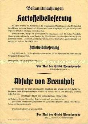 Bekanntmachung des Rates der Stadt Wernigerode zur Auslieferung von Kartoffeln und Zwiebeln auf Lebensmittelkarten