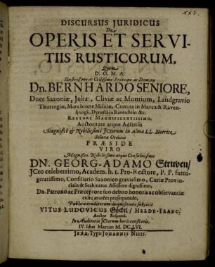 Discursus Iuridicus De Operis Et Servitiis Rusticorum