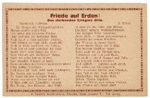 Text-Karten, ohne Nummern: Friede auf Erden! Des sterbenden Kriegers Bitte.