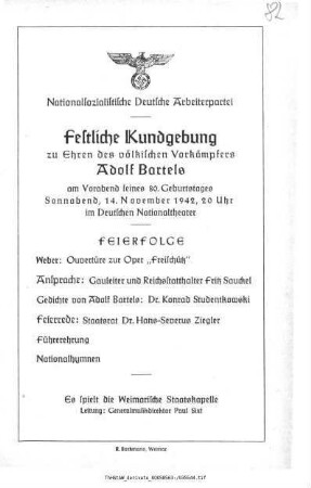 Festliche Kundgebung zu Ehren [...] Adolf Bartels