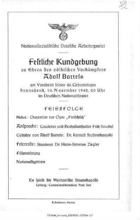 Festliche Kundgebung zu Ehren [...] Adolf Bartels