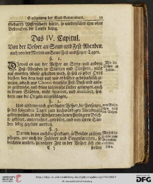 Das IV. Capitul: Von der Vesper an Sonn- und Fest-Abenden, auch von der Metten an Sonn- Fest- und Feyer-Tagen