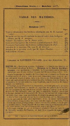 Table des matières. Octobre 1877.