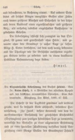 648-654 [Rezension] Scholz, Anton, Die Alexandrinische Uebersetzung des Buches Jesaias