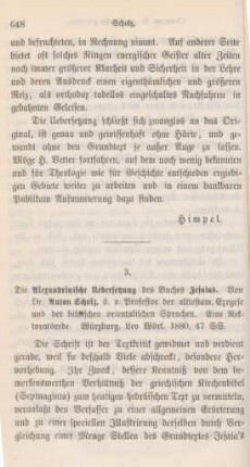 648-654 [Rezension] Scholz, Anton, Die Alexandrinische Uebersetzung des Buches Jesaias