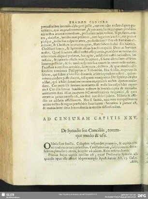 Ad Censuram Capitis XXV. De Synodis seu Conciliis, eorumque modo & usu