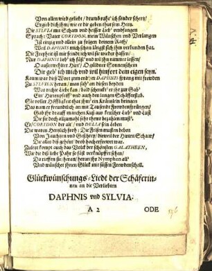 Glückwünschungs-Liedt der Schäferinnen an die Verliebten Daphnis vnd Sylvia. Ode Trochaica.