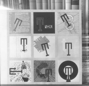 Kontraste bilden zum gegebenen Zeichen "T". Tusche, Feder, Pinsel, Schreibmaterial, Wasserfarben, Collage; 42 x 59 cm (1931; H. Rose)