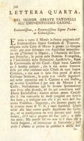 Lettera quarta. Del Signor Abbate Fatinelli all' Eminentissimo Casoni
