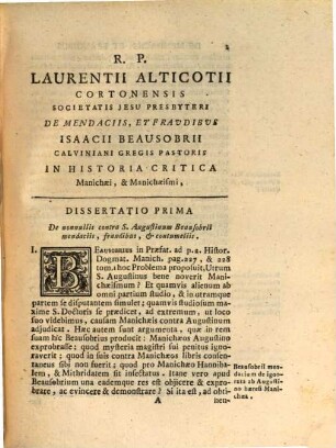 Dissertationes de mendaciis et fraudibus Isaacii Beausobrii in Historica critica Manichaei et Manichaeismi