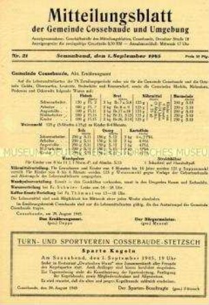 Kommunales Mitteilungsblatt u.a. zur Lebensmittelbewirtschaftung sowie mit privaten und gewerblichen Anzeigen und der Aufforderung Arbeitseinsatz aller ehemaligen Mitglieder von NS-Organisationen