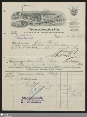 Schilbach & Co., Mechanische Kammgarn-Weberei, Greiz i/Vogtland : Rechnung
