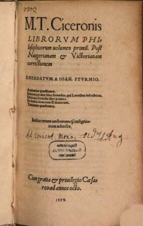 M. T. Ciceronis Philosophicorvm Librorvm Pars ..., 1. Academicae quaestiones