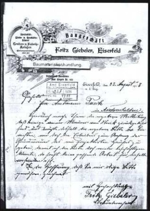 Firmenbriefkopf Giebeler, Fritz, Baugeschäft