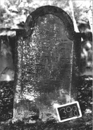 Grabstein 398 (Index: 99895841) Material: Sandstein Zustand: teilweise stark bewachsen Maße HxBxT: 133x69x9 cm Beschreibung: Stele mit eingezogenem Rundbogenabschluss: Grabstein 398 (1)