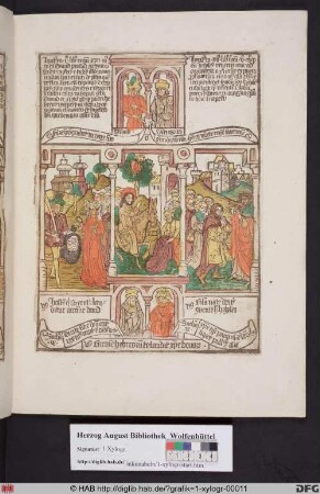 Drei biblische Szenen umgeben von vier Propheten. Links Davids Rückkehr mit dem Kopf von Goliath, mittig Einzug Christi in Jerusalem, rechts die Prophetensöhne begrüßen Elisa.