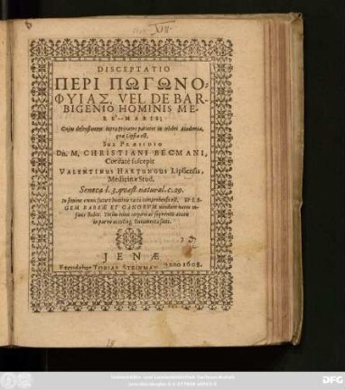 Disceptatio Peri Pōgōnophyias, Vel De Barbigenio Hominis Mere-Maris