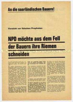 Propagandaflugblatt der DDU zur Lage der saarländischen Bauern mit Warnung vor der NPD