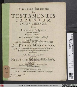 Discursus Iuridicus De Testamentis Parentum Inter Liberos