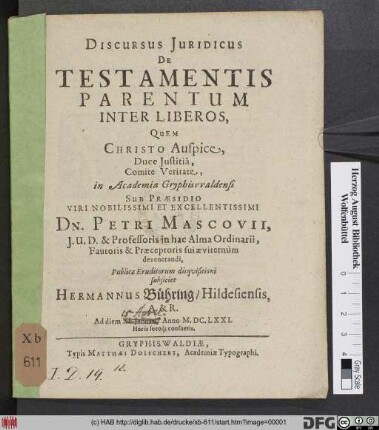 Discursus Iuridicus De Testamentis Parentum Inter Liberos