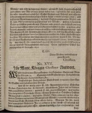 No. XVII. Ihr Mayt. Königin Christinae Antwort