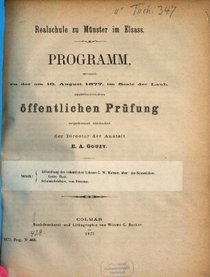 Programm : womit zu der ... im Saale der Laub, stattfindenden öffentlichen Prüfung ergebenst einladet. 1876/77