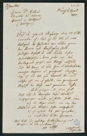 Brief vom 6. April 1850