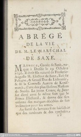 Abrégé De La Vie De M. Le Maréchal De Saxe