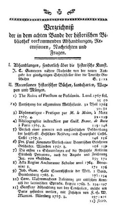 Verzeichniß der in dem achten Bande der historischen Bibliothek vorkommenden Abhandlungen, Recensionen, Nachrichten und Fragen