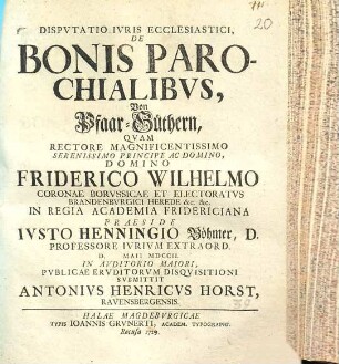 Dispvtatio Ivris Ecclesiastici, De Bonis Parochialibvs, Von Pfaar-Güthern