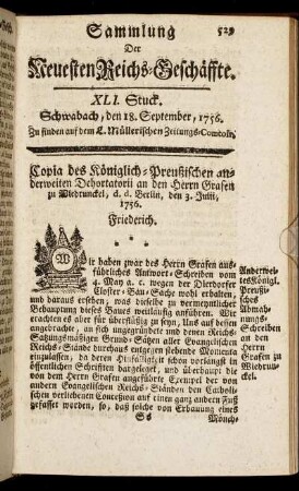 XLI. Stuck. Schwabach, den 18. September, 1756.
