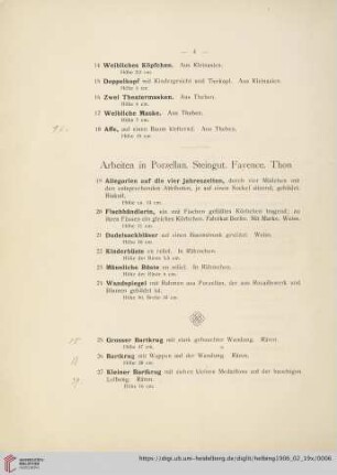 Arbeiten in Porzellan, Steingut, Fayence, Thon (Nr. 19-60)