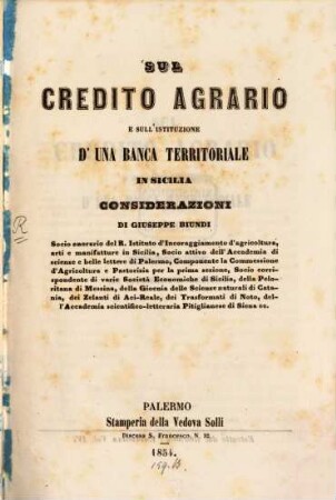 Sul credito agrario e sull' istituzione d'una banca territoriale in Sicilia