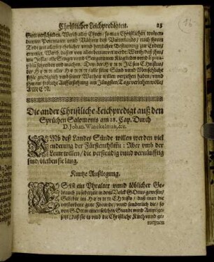 Die ander Christliche Leichpredigt auß den Sprüchen Salomonis am 28. Cap. Durch D. Johan. Winckelman, & c.