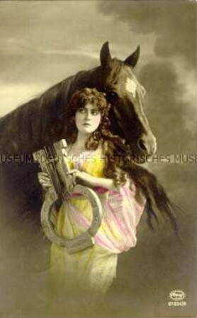 Postkarte mit Muse, Lyra und Pferd