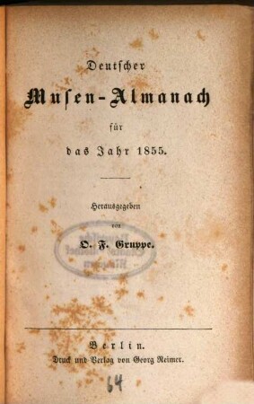 Deutscher Musen-Almanach : für d. Jahr .... 1855, 1855