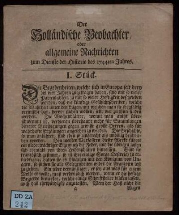 1744: Der Holländische Beobachter, oder allgemeine Nachrichten zum Dienste der Historie des 1744 Jahres