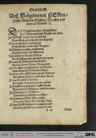 Grabschrifft Des Wolgebornen ... Wilhelm Ernsten Graffen vnd Herrn zu Waldeck etc.