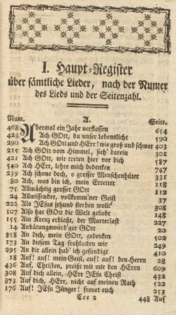 I. Haupt-Register über sämtliche Lieder, nach der Numer des Liedes und der Seitenzahl
