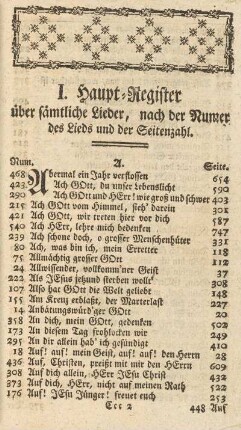 I. Haupt-Register über sämtliche Lieder, nach der Numer des Liedes und der Seitenzahl