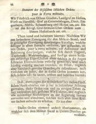 Statuten des Heßischen löblichen Ordens pour la Vertu militaire.