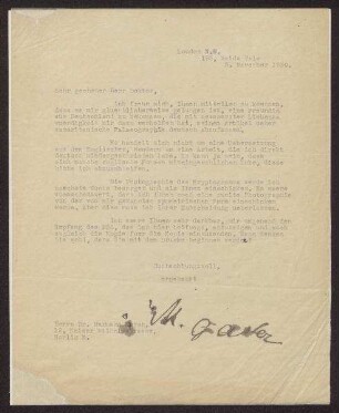 Brief von Moses Gaster (1856-1939) an Herrmann Meyer (1901-1972), Begleitbrief zum Manuskript für die Festschrift für Aron Freimann (1871-1948)